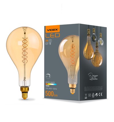 E27 8W dimbar LED lampa - PS160, spiral filament, amber glas, 1800K, 500lm