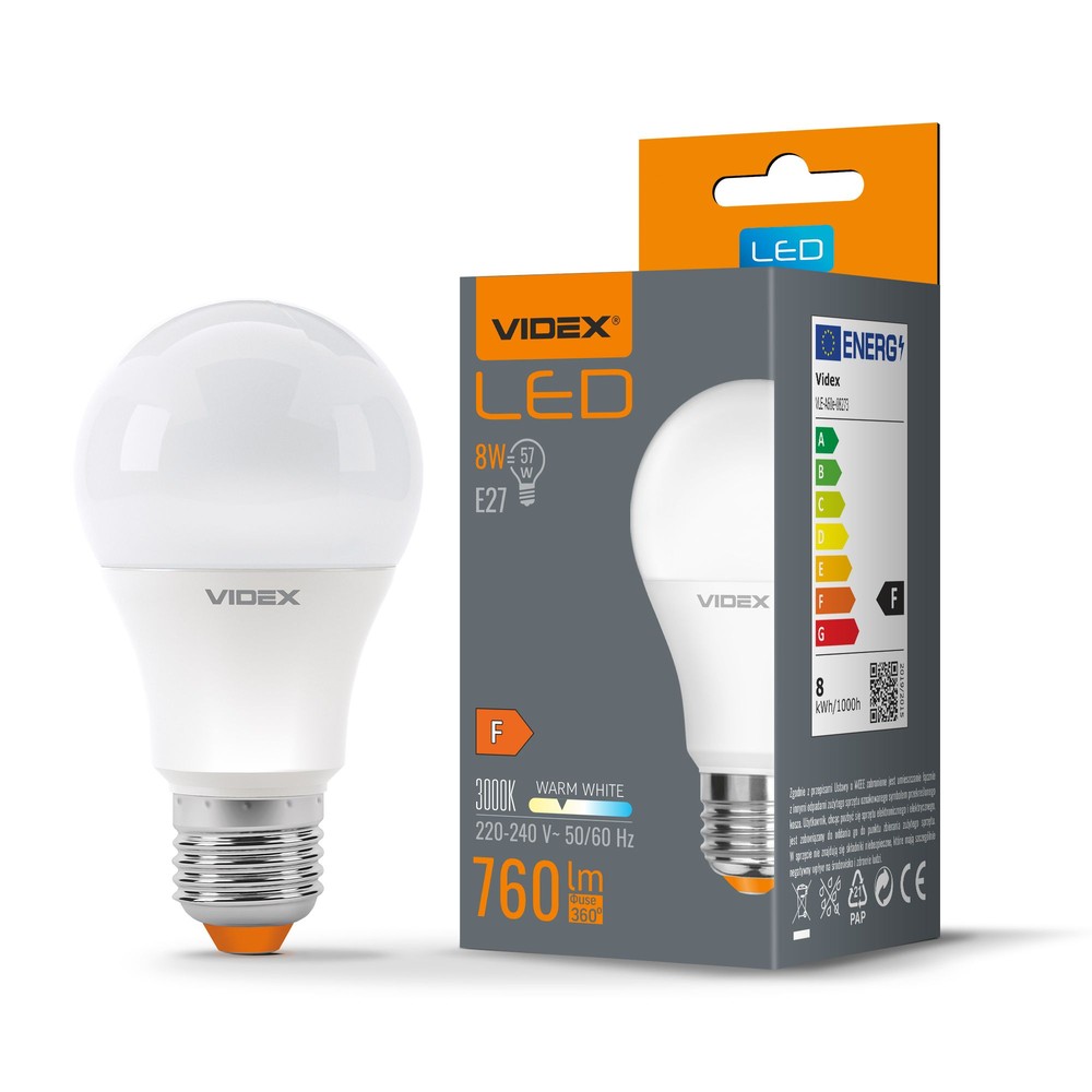A60 LED-lampa 8W E27 - varmvit, 230V, 760lm, förbrukning 8W - Kulör : Varm