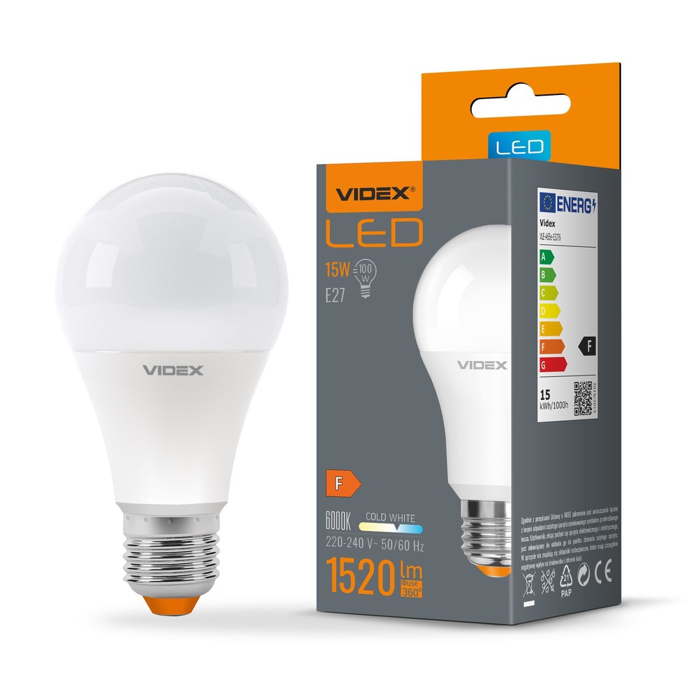 A65 LED-lampa 15W E27 - kallvit, 230V, 1520lm, förbrukning 15W - Kulör : Kall