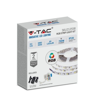V-Tac 7W/m RGB LED strip komplett kit - 5m, 60 LED per. meter