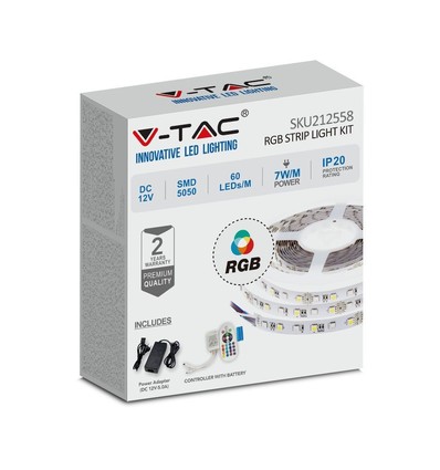 V-Tac 7W/m RGB LED strip komplett kit - 5m, 60 LED per. meter