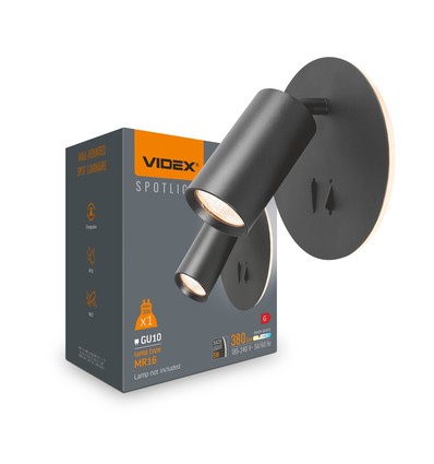 GU10 väggmonterad spot med 5W LED backlight - Svart, 2700K, 2x strömbrytare, roterbar, utan GU10 ljuskälla