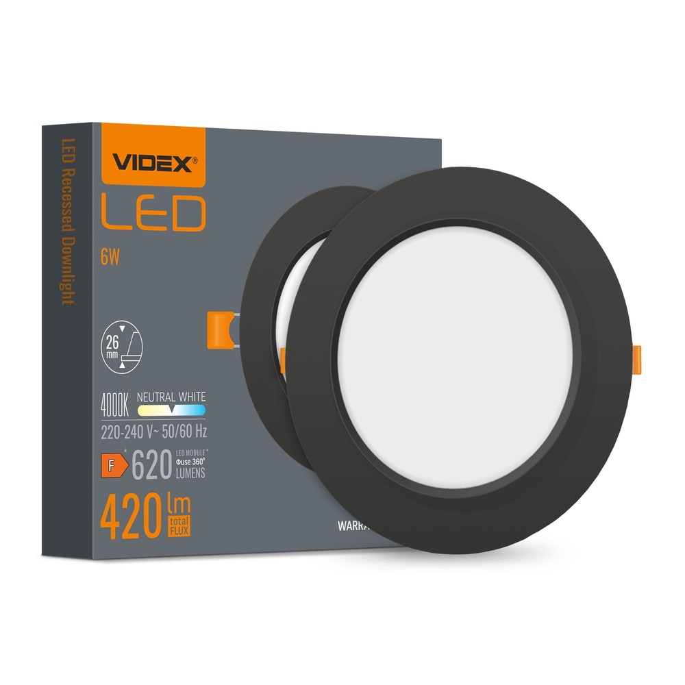 LED infälld spotlight 6W - rund, svart, neutralvit, 230V, 620lm - Kulör : Neutral