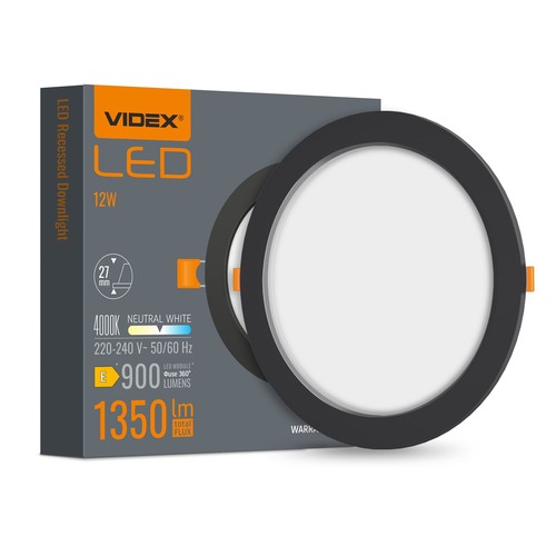 12W svart LED infälld panel - 1350lm, 4000K, Hål: Ø15 cm, 120 grader beam angle