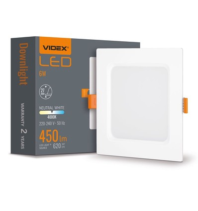 6W kvadratisk LED infälld panel - 450lm, 4000K, vit kant, Hål: Ø9,5-10 cm, Mått: 12x12 cm