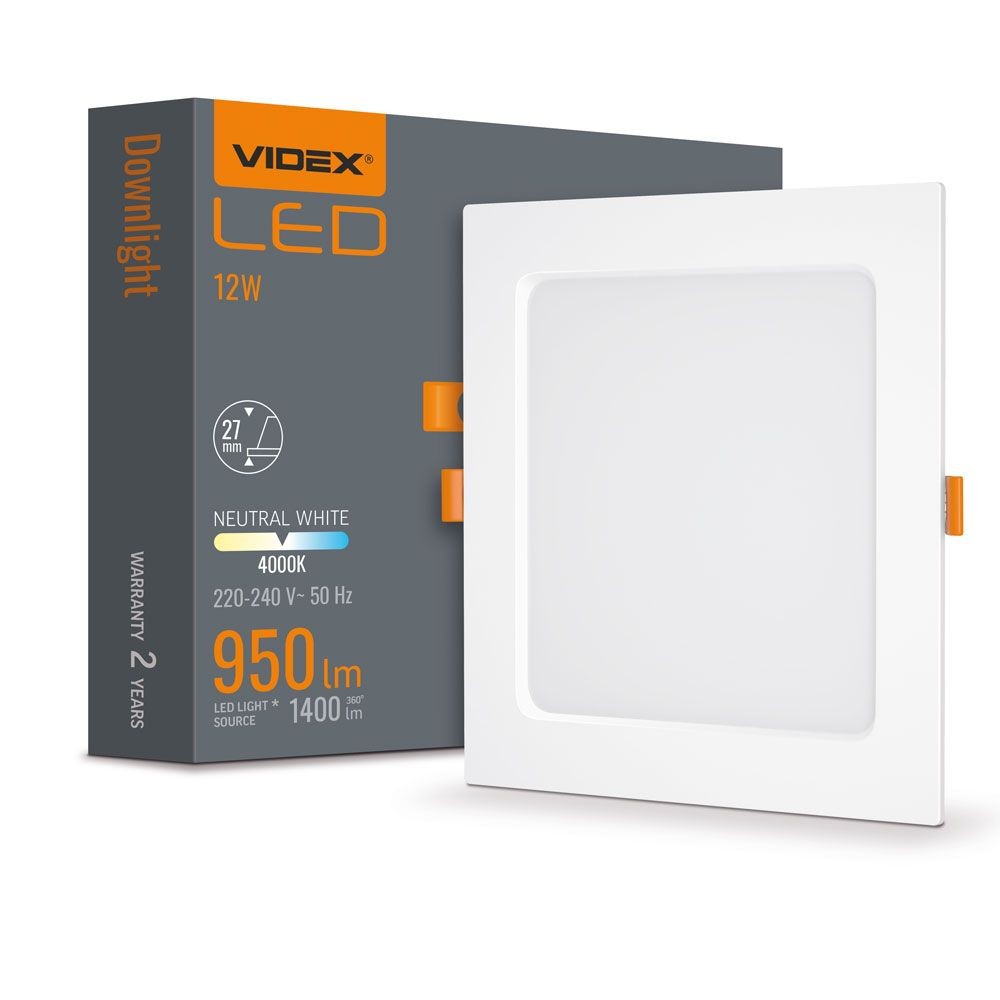 LED downlight 12W - fyrkantig, neutralvit, 230V, 1400lm, förbrukning 12W - Kulör : Neutral