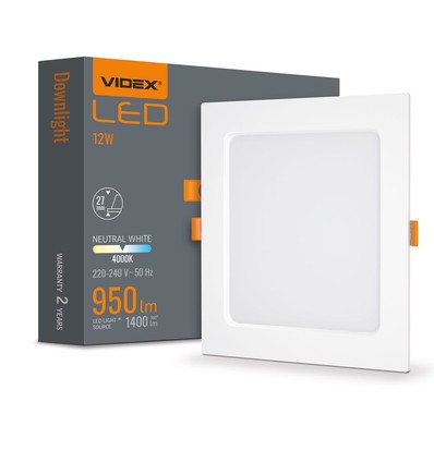 LED downlight 12W - fyrkantig, neutralvit, 230V, 1400lm, förbrukning 12W