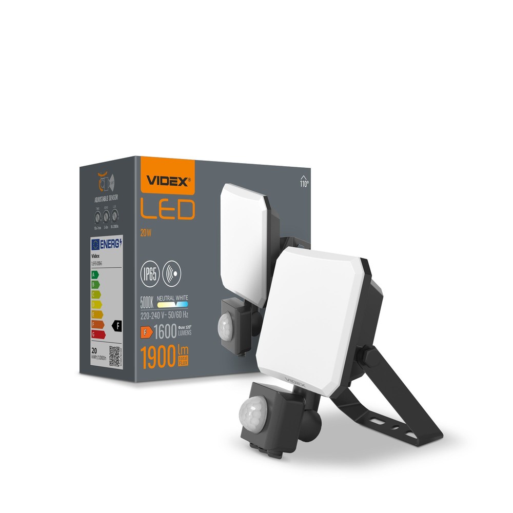Floodstrålkastare 20W - LED, med rörelsesensor, PIR, 5000K, 230V, 1600lm, förbrukning: 20W - Kulör : Neutral