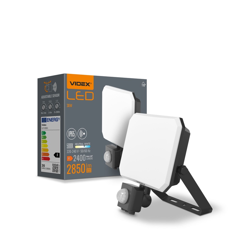 Flood strålkastare 30W - LED, med rörelsesensor, PIR, 5000K, 230V, 2400lm - Kulör : Neutral