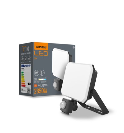 30W LED strålkastare med sensor - 5000K, IP65, svart, PIR rörelsesensor, utomhus