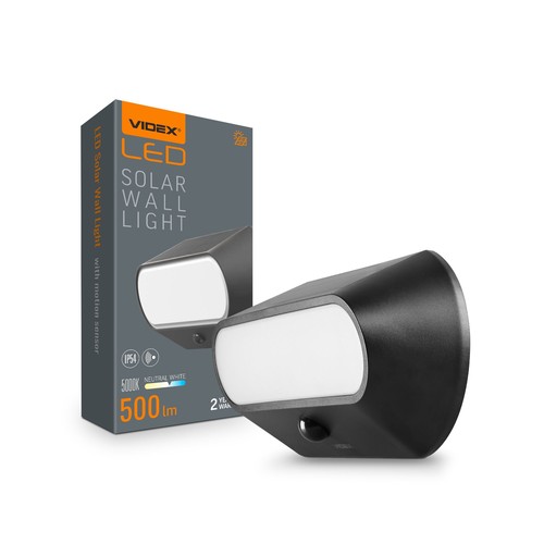 500lm Solcells LED vägglampa med sensor - IP54, 5000K, svart, rörelsesensor, utomhus