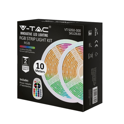 10m 4,8W/m RGB strip-set - 12V DC, IP20, inkl. fjärrkontroll och strömförsörjning (2x5m)