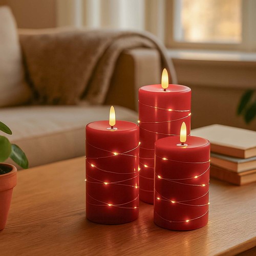LED Blockljus 3 st set med ljusslinga, flameffekt - Ø7,5cm, 10/12,5/15cm hög, inkl. fjärrkontroll, timer, äkta stearin, Röd