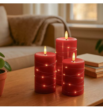 LED Blockljus 3 st set med ljusslinga, lågeffekt - Ø7,5cm, 10/12,5/15cm, inkl. fjärrkontroll, timer, äkta vax, Röd