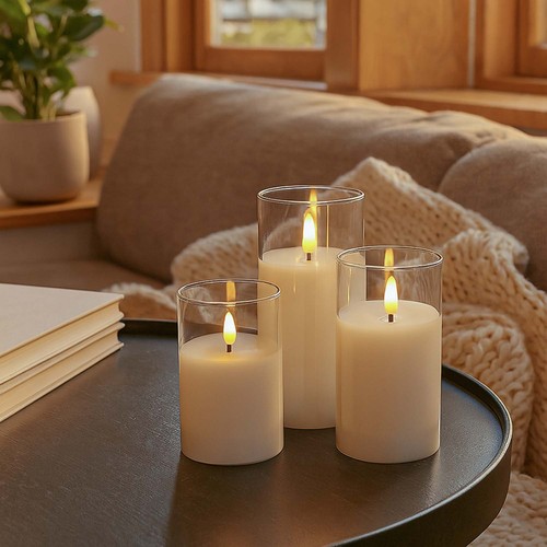 LED Blockljus set i glas Ø7,5cm, 3 st, flameffekt - Inkl. fjärrkontroll och timer, 10/12,5/15cm hög, äkta stearin