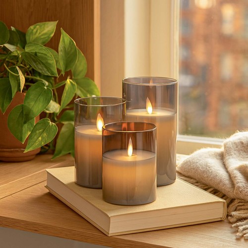 LED Blockljus set i rökfärgat glas Ø7,5cm, 3 st - Inkl. fjärrkontroll och timer, 10/12,5/15cm, äkta vax