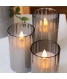 LED Blockljus set i rökfärgat glas Ø7,5cm, 3 st, flameffekt - Inkl. fjärrkontroll och timer, 10/12,5/15cm hög, äkta stearin