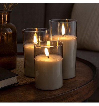 LED Blockljus set i gråtonat glas Ø7,5cm, 3 st, flameffekt - Inkl. fjärrkontroll och timer, 10/12,5/15cm hög, äkta stearin