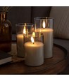 LED Blockljus set i gråtonat glas Ø7,5cm, 3 st, flameffekt - Inkl. fjärrkontroll och timer, 10/12,5/15cm hög, äkta stearin