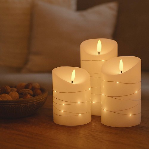 LED Blockljus 3 st set med ljusslinga, flameffekt - Ø7,5cm, 10/12,5/15cm hög, inkl. fjärrkontroll, timer, äkta stearin