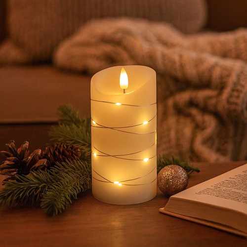 LED Blockljus med ljusslinga, 15 cm hög, flameffekt - Ø7,5 cm, 15 cm hög, fungerar m. fjärrkontroll, äkta stearin