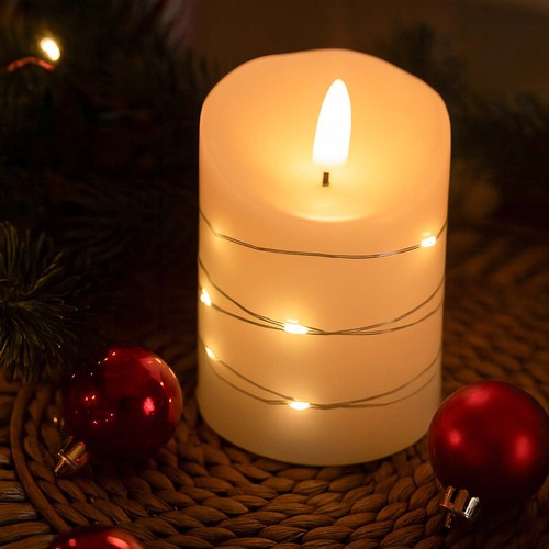LED Blockljus med ljusslinga, 10cm hög, flameffekt - Ø7,5cm, 10cm hög, fungerar m. fjärrkontroll, äkta stearin