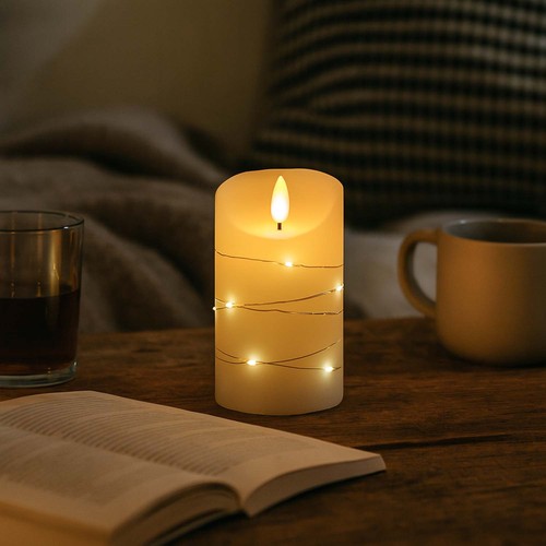 LED Blockljus med ljusslinga, 12,5 cm hög, flameffekt - Ø7,5 cm, 12,5 cm hög, fungerar m. fjärrkontroll, äkta stearin
