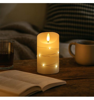LED Blockljus med ljusslinga, 12,5 cm hög, flameffekt - Ø7,5 cm, 12,5 cm hög, fungerar m. fjärrkontroll, äkta stearin