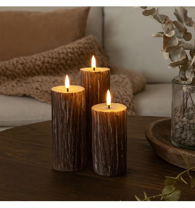 LED Trä-look blockljus 3 st set, smält-look, flameffekt - Ø5,5cm, 10/12,5/15cm hög, Inkl fjärrkontroll, äkta stearin
