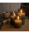 LED Blockljus set i gråtonat glas Ø7,5cm, 3 st, flameffekt - Inkl. fjärrkontroll och timer, 10/12,5/15cm hög, äkta stearin