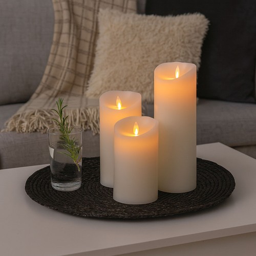 LED Blockljus XL, 3 st, Ø10cm, 17,5/22,5/30cm hög, rörlig låga, vit - Inkl. fjärrkontroll och timer, äkta stearin