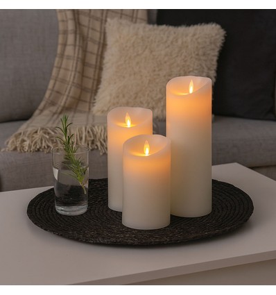 LED Blockljus XL, 3 st, Ø10cm, 17,5/22,5/30cm, rörlig låga, vit - Inkl. fjärrkontroll och timer, äkta vax