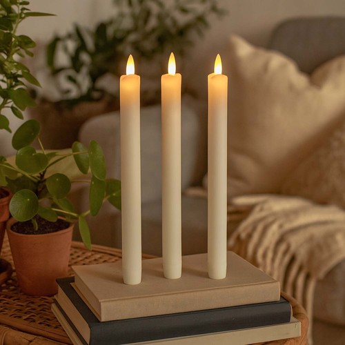 3-pack vita LED-stearinljus, flameffekt - Ø2,2cm, Höjd: 24,5cm, kronljus, fungerar inkl. fjärrkontroll, timer, batteri
