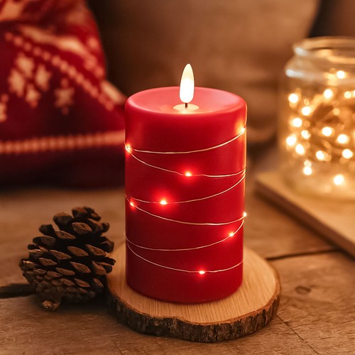 LED Blockljus med ljusslinga, 12,5 cm hög, flameffekt - Ø7,5 cm, 10 cm hög, fungerar med fjärrkontroll, äkta stearin, röd