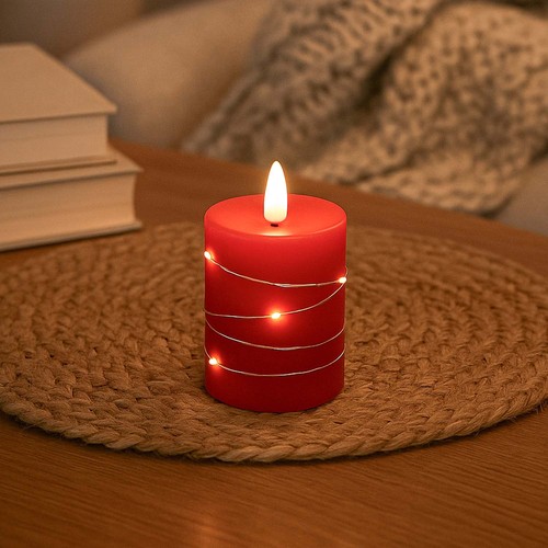 LED Blockljus med ljusslinga, 10cm hög, flameffekt - Ø7,5cm, 10cm hög, fungerar m. fjärrkontroll, äkta stearin, röd