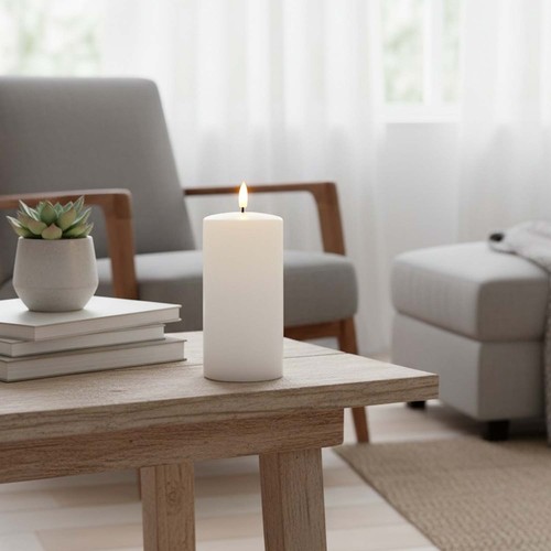LED Blockljus 15 cm högt, smält-utseende, flameffekt - Ø7,5 cm, 15 cm högt, fungerar m. fjärrkontroll, timer, äkta stearin