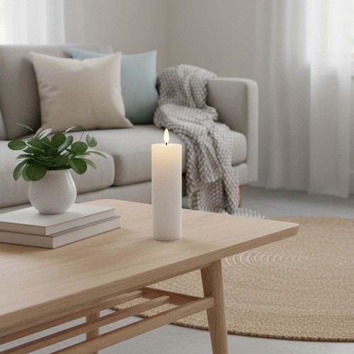 LED Blockljus 15cm hög, flameffekt, vit - Ø5cm, fungerar med fjärrkontroll, timer, äkta stearin