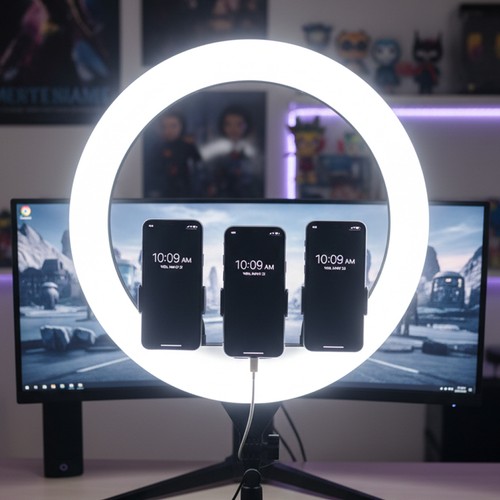 LED Ring light med stativ - 55W, Ø44cm, 3 telefonhållare, fjärrkontroll, 3200K-5800K