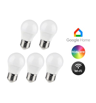 5 st. Wifi LED-lampa - 5W, Tuya/Smart Life, fungerar med Google Home, E27, G45