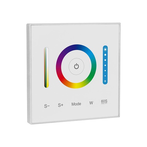 3-i-1 väggcontroller för RGB / RGBW / RGB+CCT - 12V-24V, RF 2.4GHz, 86x86mm, vit, touchpanel