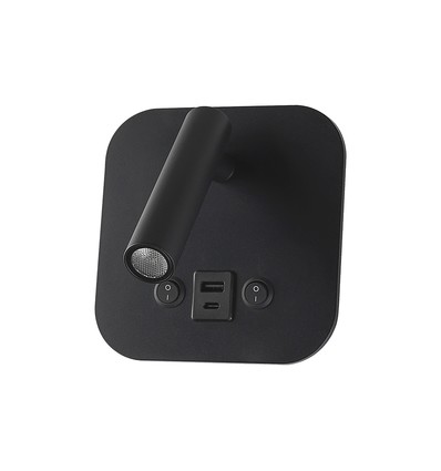 8W LED säng-vägglampa med USB-laddning - Svart, 3000K, CREE chip, USB-A och USB-C