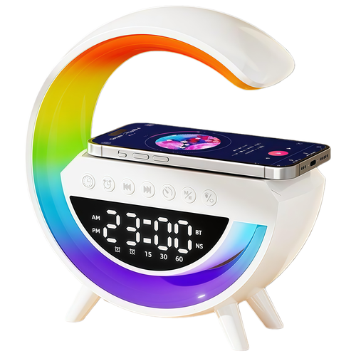 G-formad RGBIC-lampa - Trådlös laddare, 24x23cm, Vit, Bluetooth, 5V USB