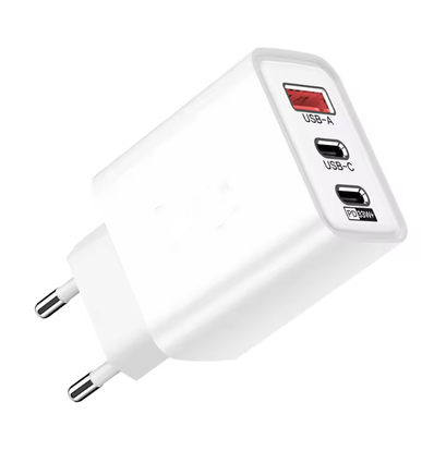 3-portars USB-laddare 65W - Vit, USB-C+USB-A, perfekt för mobil och lampor