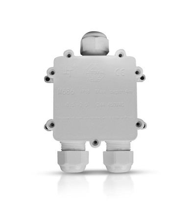 Vattentät 3-vägs kopplingsdosa, vit - IP68, 450V, 24A, UV-resistent, utomhus