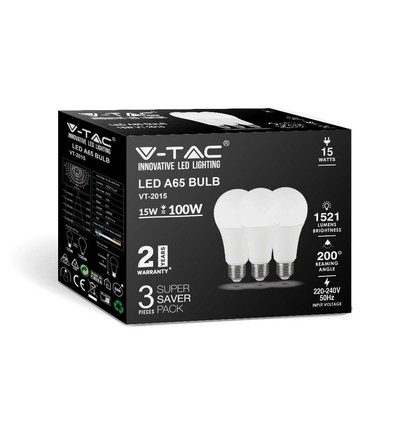 A65 VT-2015 LED 15W E27 - plastlampa, 6500K, 200°, 3 st./förpackning