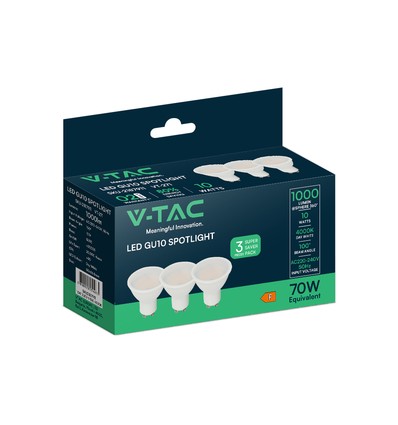 VT-271 Spotlight 10W GU10 - LED, plast, mjölkvit täckglas, 4000K, 3 st./förpackning