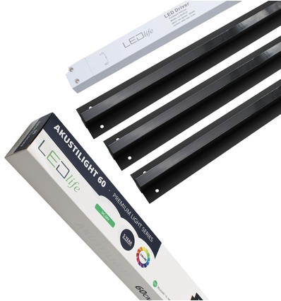 Svart Troldtekt LED Skenset 3x60 cm - Planförsänkt, Akustilight inkl. kablar och drivrutin