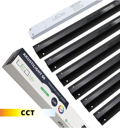 Svart Troldtekt CCT LED Skenset 6x60 cm - Planförsänkt, Akustilight inkl. ledningar och drivrutin