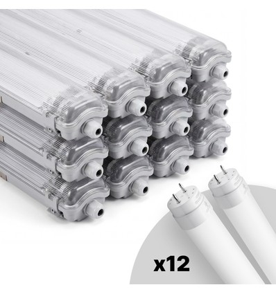 12 st. Limea T8 LED dubbelarmatur - Inkl. 24 st. 24W 150cm LED-rör, IP65 vattentät