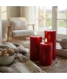 LED-blockljus Ø7,5cm, 3-pack, smält-look, flameffekt - Inkl. fjärrkontroll och timer, 10/12,5/15cm hög, äkta vax, bordeauxröd